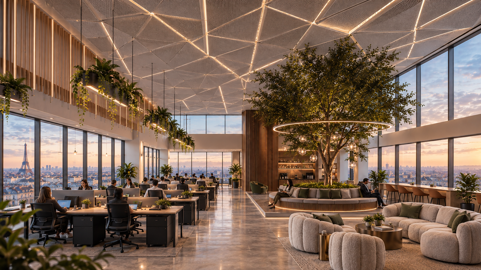 Concept of a warm innovation studio with flexible wood workstations