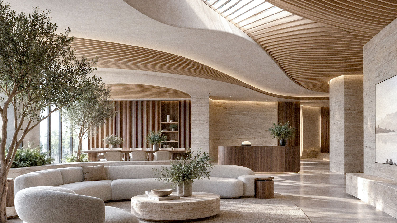 Concept of a biophilic workplace beneath a sculptural ceiling