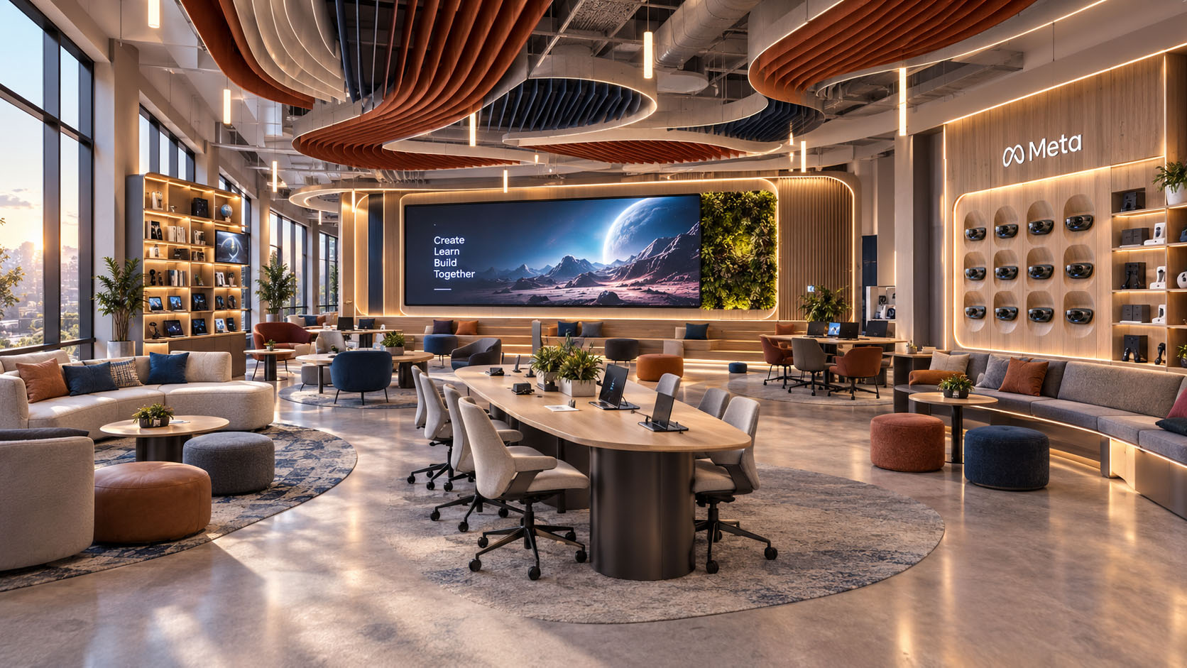 Concept of a biophilic workplace beneath a sculptural ceiling